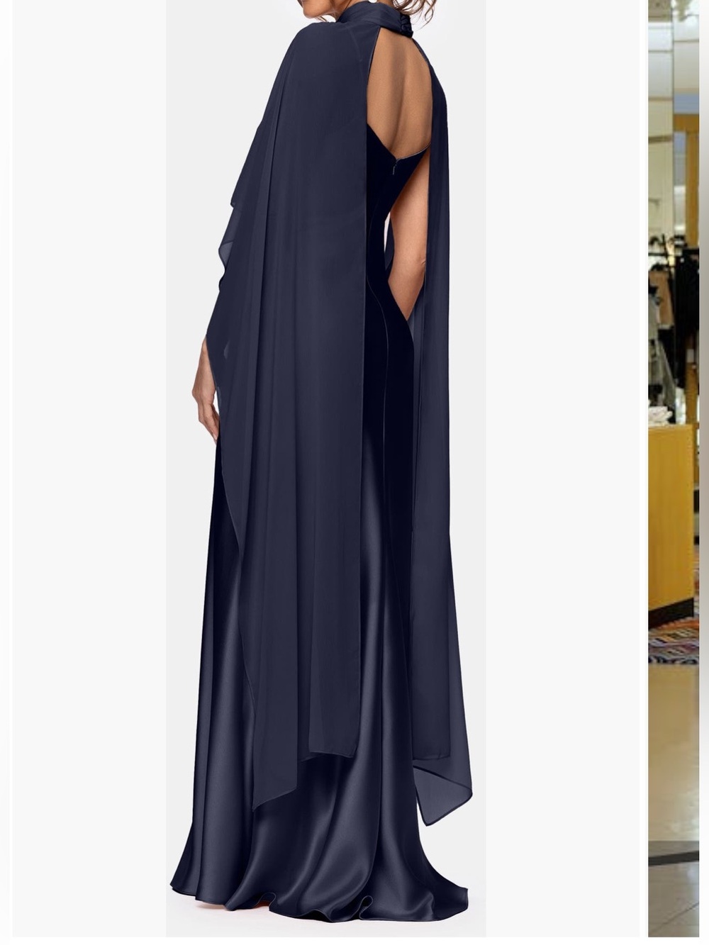 Xscape Evenings Laura Satin Gown Chiffon Overlay Sheer Shawl in Navy Blue 7521X - Picture 6 of 13